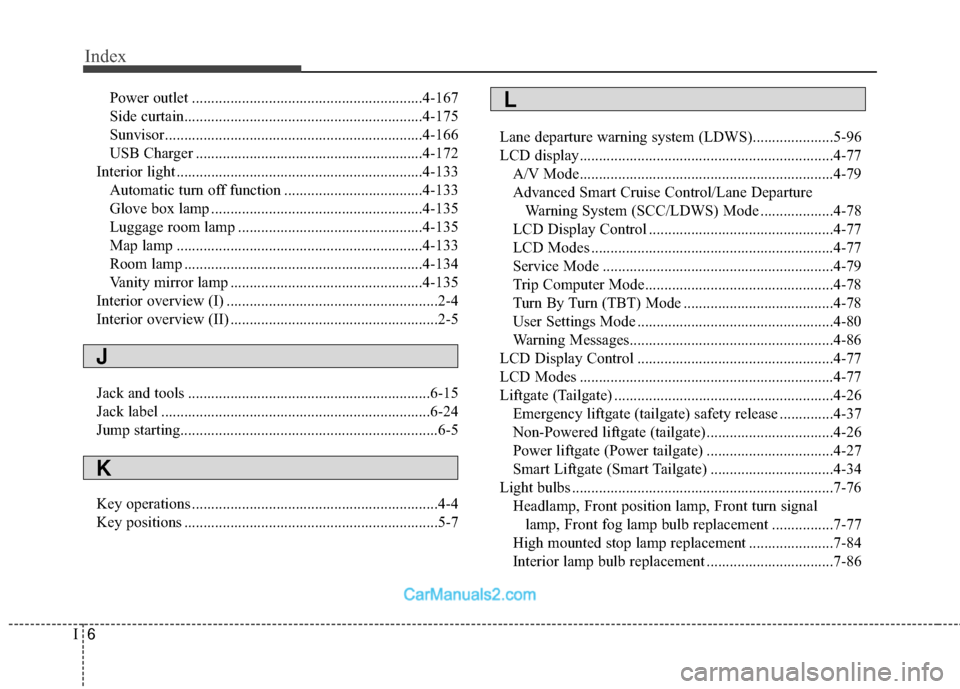 Hyundai Santa Fe 2018 Owners Manual Index
6I
Power outlet ............................................................4-167
Side curtain..............................................................4-175
Sunvisor........................ Hyundai Santa Fe 2018 Owners Manual Index
6I
Power outlet ............................................................4-167
Side curtain..............................................................4-175
Sunvisor........................