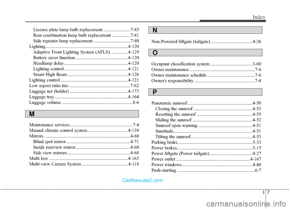 Hyundai Santa Fe 2018  Owners Manual I7
Index
License plate lamp bulb replacement........................7-85
Rear combination lamp bulb replacement ................7-81
Side repeater lamp replacement ................................7-80