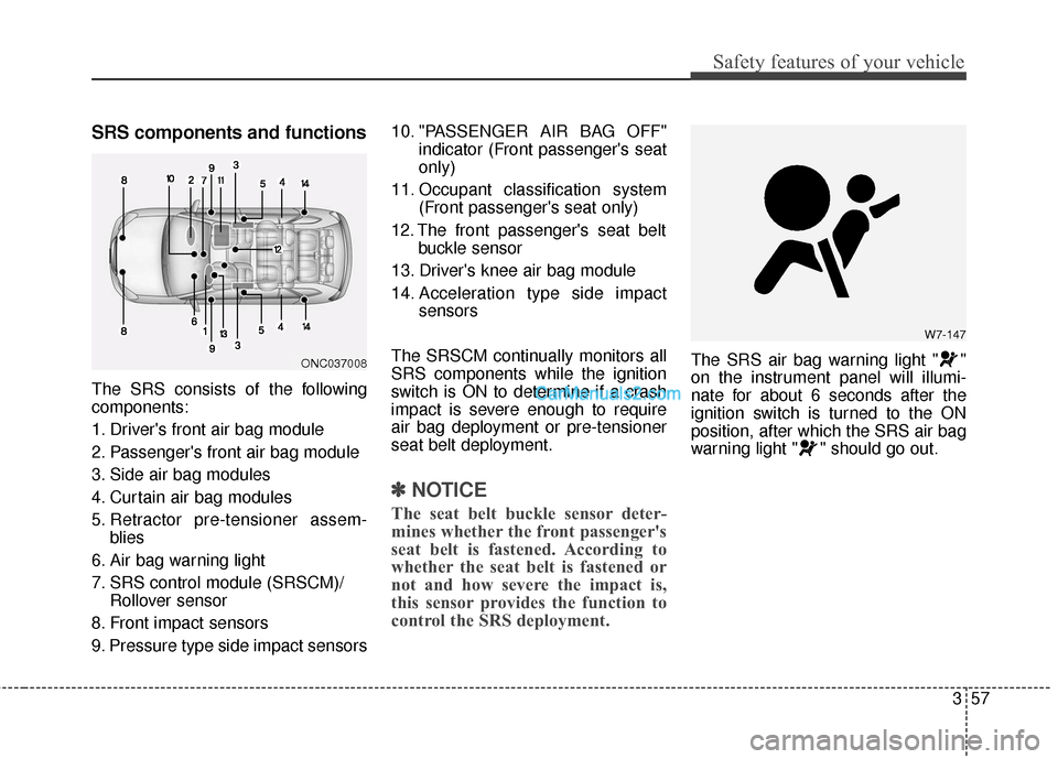 Hyundai Santa Fe 2018 Manual PDF 357
Safety features of your vehicle
SRS components and functions
The SRS consists of the following
components:
1. Drivers front air bag module
2. Passengers front air bag module
3. Side air bag modu Hyundai Santa Fe 2018 Manual PDF 357
Safety features of your vehicle
SRS components and functions
The SRS consists of the following
components:
1. Drivers front air bag module
2. Passengers front air bag module
3. Side air bag modu
