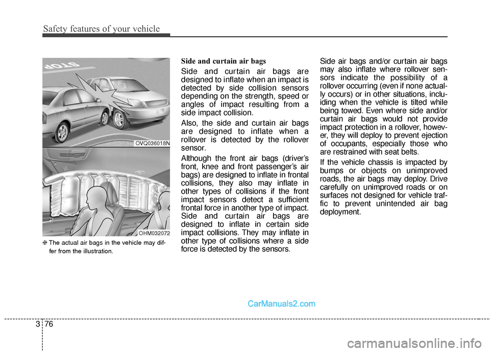 Hyundai Santa Fe 2018 Owners Manual Safety features of your vehicle
76
3
❈ The actual air bags in the vehicle may dif-
fer from the illustration.
Side and curtain air bags 
Side and curtain air bags are
designed to inflate when an imp