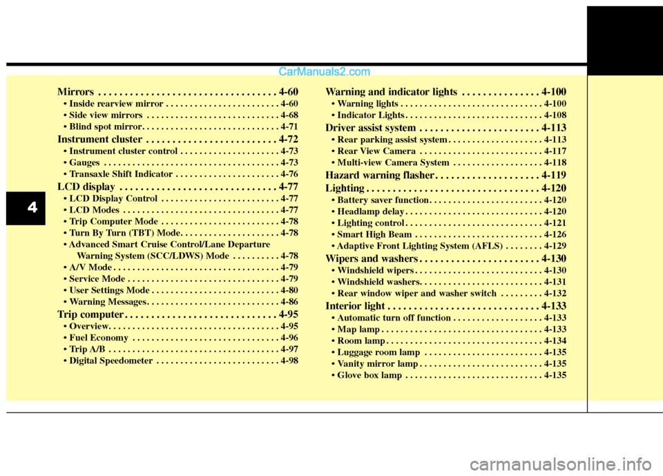Hyundai Santa Fe 2017  Owners Manual Mirrors . . . . . . . . . . . . . . . . . . . . . . . . . . . . . . . . . . 4-60\
 . . . . . . . . . . . . . . . . . . . . . . . . 4-60
 . . . . . . . . . . . . . . . . . . . . . . . . . . . . 4-68

