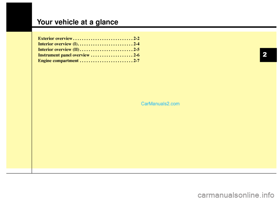 Hyundai Santa Fe 2017 User Guide Exterior overview I . . . . . . . . . . . . . . . . . . . . . . . . . 2-2
Exterior overview II. . . . . . . . . . . . . . . . . . . . . . . . . 2-3
Interior overview . . . . . . . . . . . . . . . . . Hyundai Santa Fe 2017 User Guide Exterior overview I . . . . . . . . . . . . . . . . . . . . . . . . . 2-2
Exterior overview II. . . . . . . . . . . . . . . . . . . . . . . . . 2-3
Interior overview . . . . . . . . . . . . . . . . .