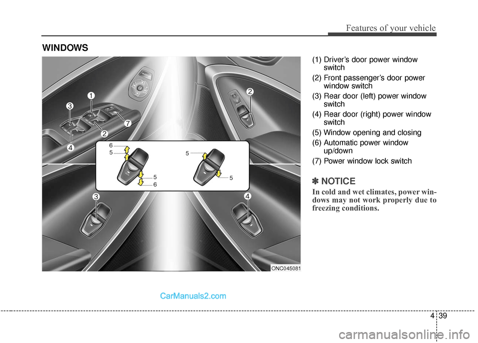 Hyundai Santa Fe 2017  Owners Manual 439
Features of your vehicle
(1) Driver’s door power windowswitch
(2) Front passenger’s door power window switch
(3) Rear door (left) power window switch
(4) Rear door (right) power window switch
