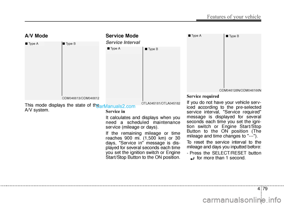 Hyundai Santa Fe 2017  Owners Manual 479
Features of your vehicle
A/V Mode
This mode displays the state of the
A/V system.
Service Mode
Service Interval
Service in
It calculates and displays when you
need a scheduled maintenance
service 