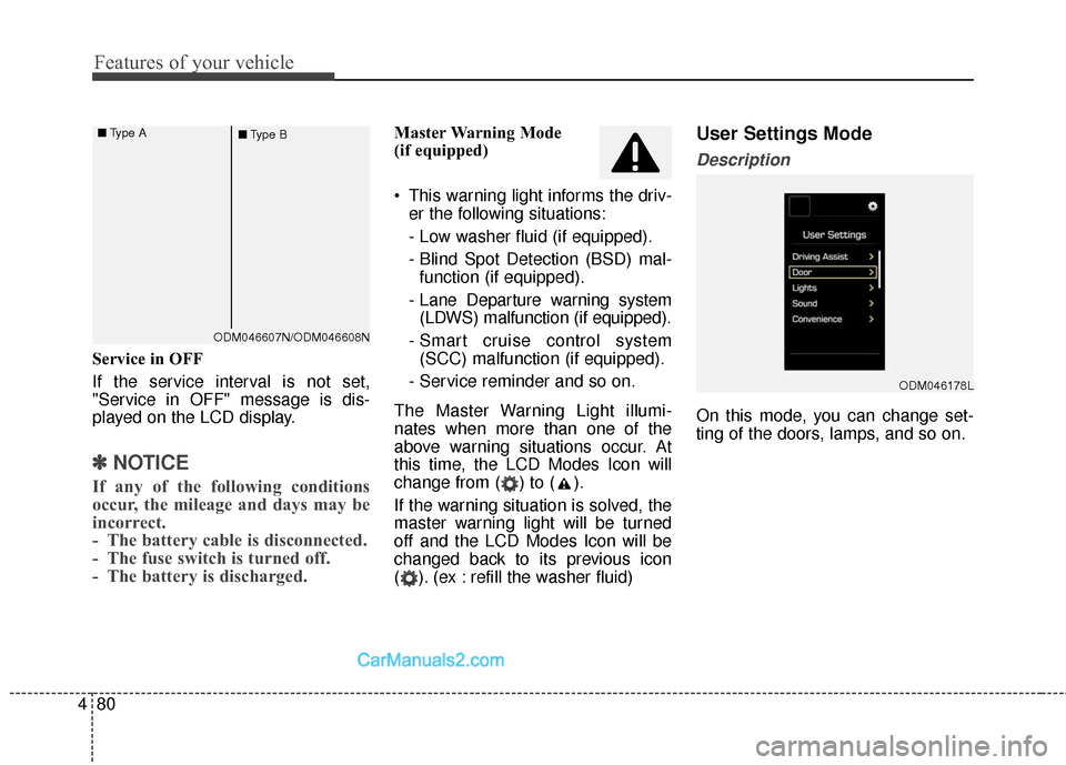 Hyundai Santa Fe 2017  Owners Manual Features of your vehicle
80
4
Service in OFF
If the service interval is not set,
"Service in OFF" message is dis-
played on the LCD display.
✽ ✽
NOTICE 
If any of the following conditions
occur, t