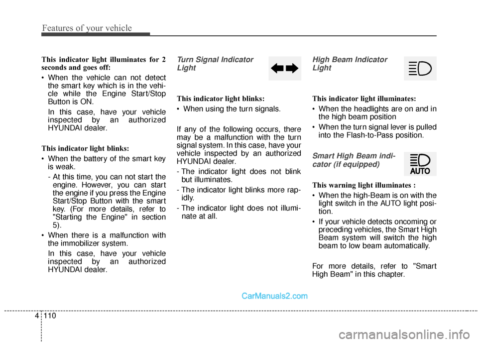 Hyundai Santa Fe 2017  Owners Manual Features of your vehicle
110
4
This indicator light illuminates for 2
seconds and goes off:
 When the vehicle can not detect
the smart key which is in the vehi-
cle while the Engine Start/Stop
Button 
