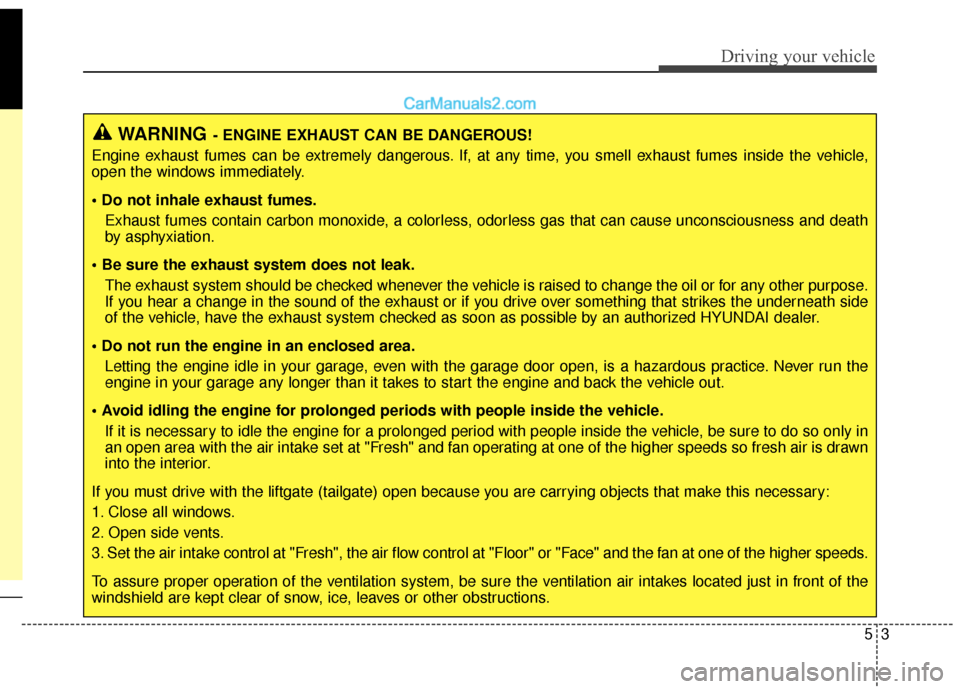 Hyundai Santa Fe 2017  Owners Manual 53
Driving your vehicle
WARNING- ENGINE EXHAUST CAN BE DANGEROUS!
Engine exhaust fumes can be extremely dangerous. If, at any time, you smell exhaust fumes inside the vehicle,
open the windows immedia