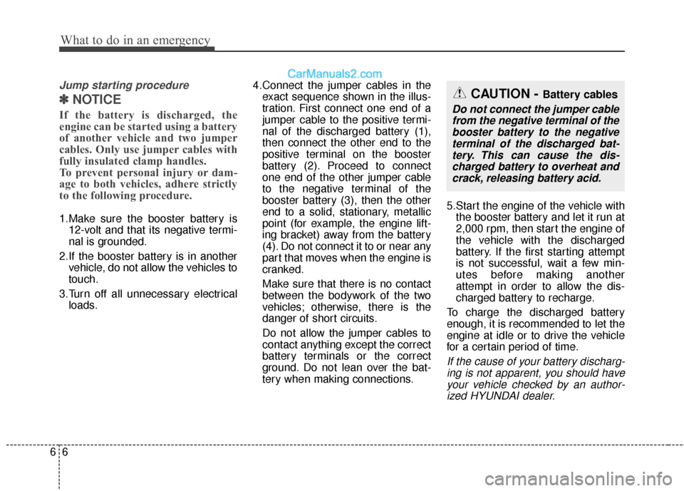 Hyundai Santa Fe 2017  Owners Manual What to do in an emergency
66
Jump starting procedure
✽
✽NOTICE
If the battery is discharged, the
engine can be started using a battery
of another vehicle and two jumper
cables. Only use jumper ca