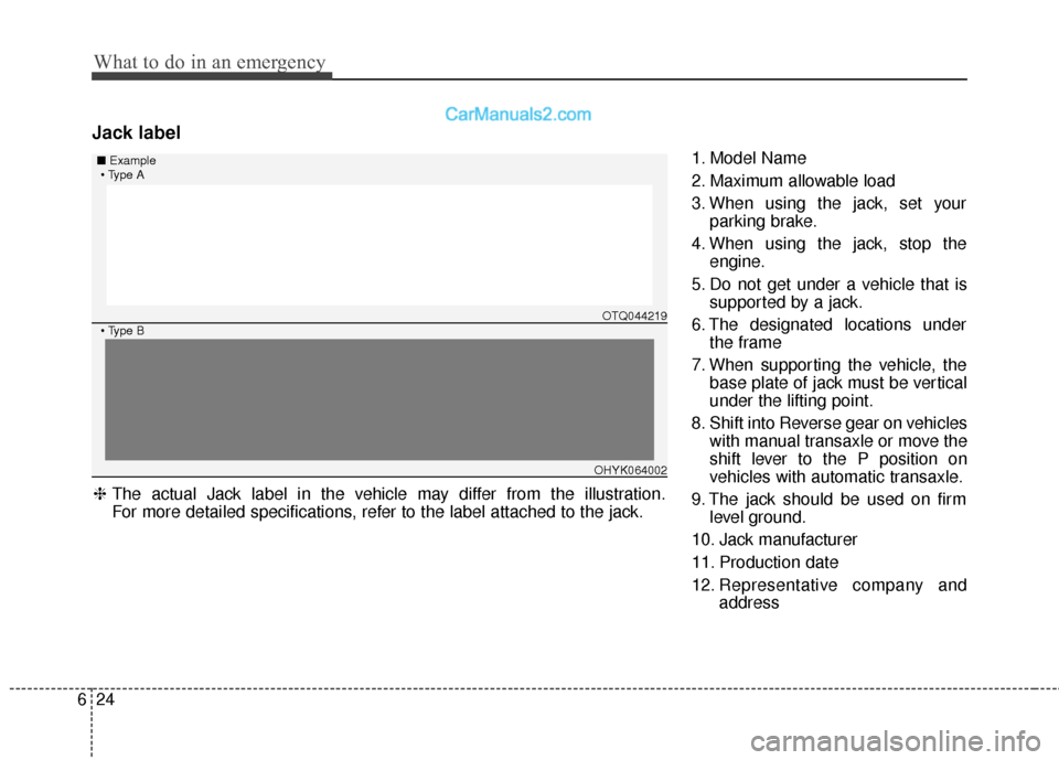 Hyundai Santa Fe 2017 Owners Manual What to do in an emergency
24
6
Jack label
1. Model Name
2. Maximum allowable load
3. When using the jack, set your
parking brake.
4. When using the jack, stop the engine.
5. Do not get under a vehicl Hyundai Santa Fe 2017 Owners Manual What to do in an emergency
24
6
Jack label
1. Model Name
2. Maximum allowable load
3. When using the jack, set your
parking brake.
4. When using the jack, stop the engine.
5. Do not get under a vehicl