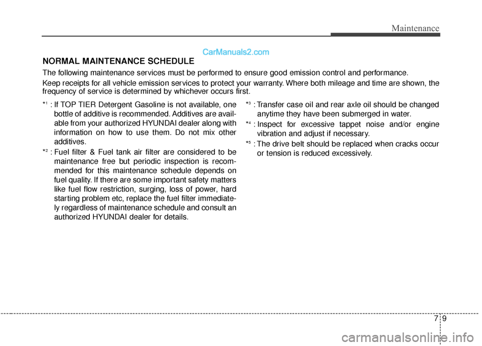 Hyundai Santa Fe 2017 Owners Manual 79
Maintenance
NORMAL MAINTENANCE SCHEDULE
The following maintenance services must be performed to ensure good emission control and performance.
Keep receipts for all vehicle emission services to prot Hyundai Santa Fe 2017 Owners Manual 79
Maintenance
NORMAL MAINTENANCE SCHEDULE
The following maintenance services must be performed to ensure good emission control and performance.
Keep receipts for all vehicle emission services to prot
