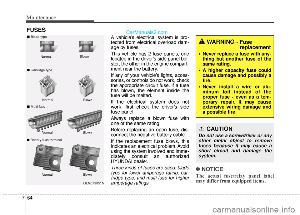 Hyundai Santa Fe 2017  Owners Manual Maintenance
64
7
FUSES
A vehicle’s electrical system is pro-
tected from electrical overload dam-
age by fuses.
This vehicle has 2 fuse panels, one
located in the driver’s side panel bol-
ster, th