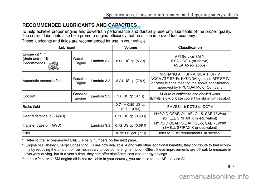 Hyundai Santa Fe 2017 Owners Manual 87
Specifications, Consumer information and Reporting safety defects
RECOMMENDED LUBRICANTS AND CAPACITIES
*1Refer to the recommended SAE viscosity numbers on the next page.
*2Engine oils labeled Ener Hyundai Santa Fe 2017 Owners Manual 87
Specifications, Consumer information and Reporting safety defects
RECOMMENDED LUBRICANTS AND CAPACITIES
*1Refer to the recommended SAE viscosity numbers on the next page.
*2Engine oils labeled Ener