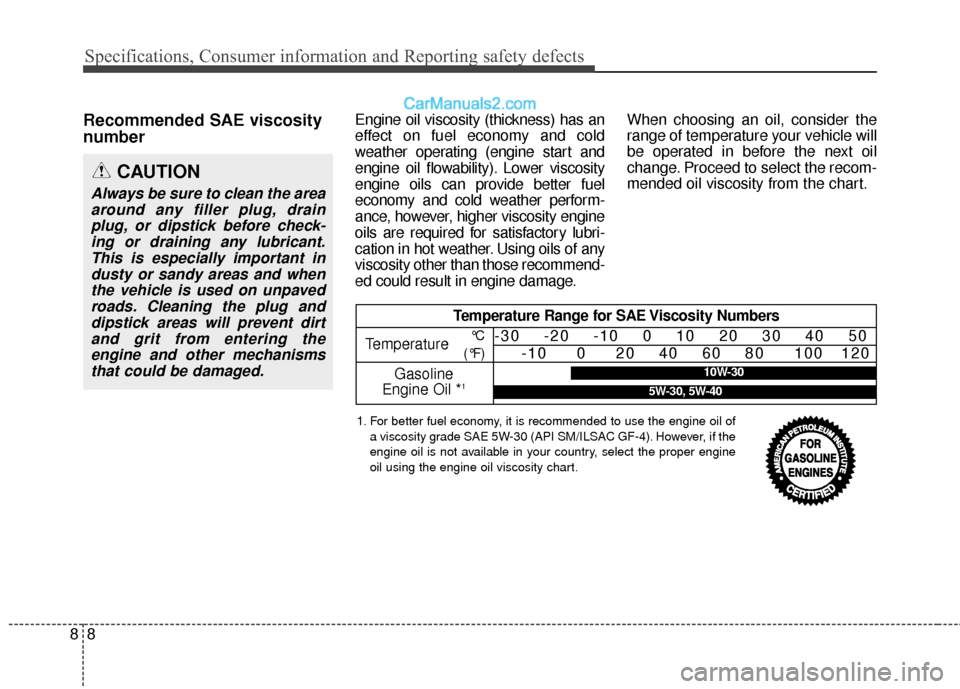 Hyundai Santa Fe 2017 Owners Manual Specifications, Consumer information and Reporting safety defects
88
Recommended SAE viscosity
number Engine oil viscosity (thickness) has an
effect on fuel economy and cold
weather operating (engin Hyundai Santa Fe 2017 Owners Manual Specifications, Consumer information and Reporting safety defects
88
Recommended SAE viscosity
number Engine oil viscosity (thickness) has an
effect on fuel economy and cold
weather operating (engin
