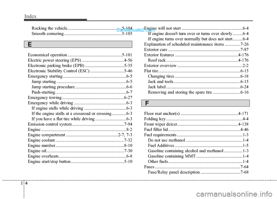 Hyundai Santa Fe 2017 Owners Manual Index
4I
Rocking the vehicle.................................................5-104
Smooth cornering ....................................................5-105
Economical operation ..................... Hyundai Santa Fe 2017 Owners Manual Index
4I
Rocking the vehicle.................................................5-104
Smooth cornering ....................................................5-105
Economical operation .....................