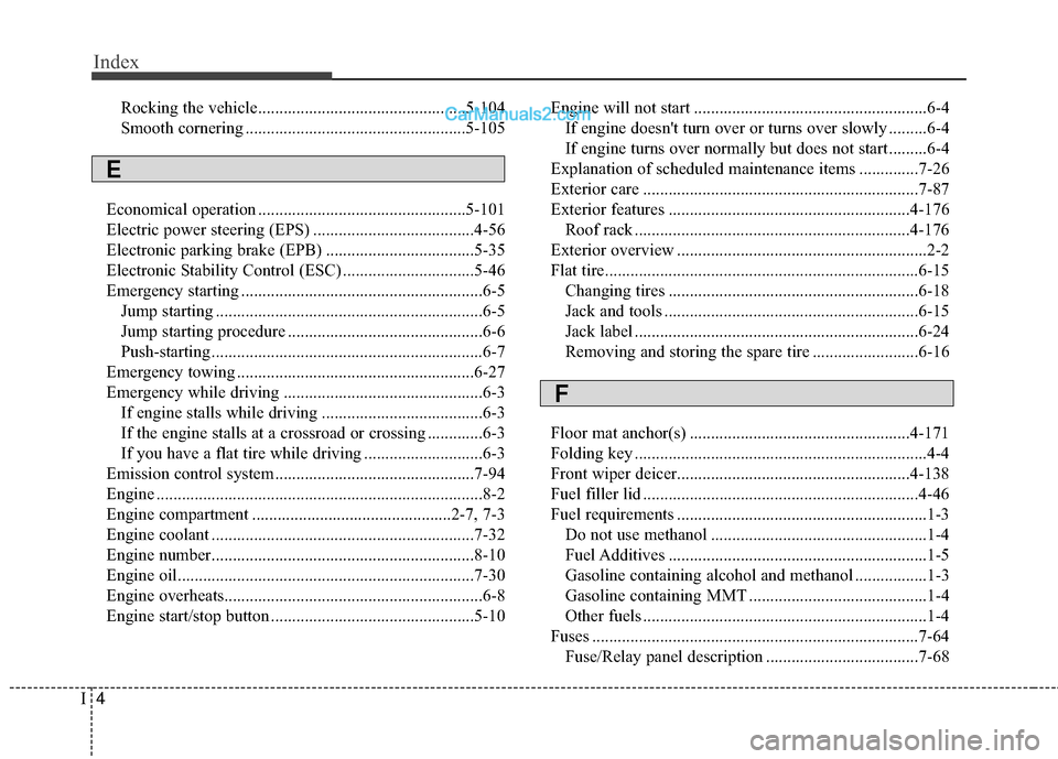 Hyundai Santa Fe 2017  Owners Manual Index
4I
Rocking the vehicle.................................................5-104
Smooth cornering ....................................................5-105
Economical operation .....................