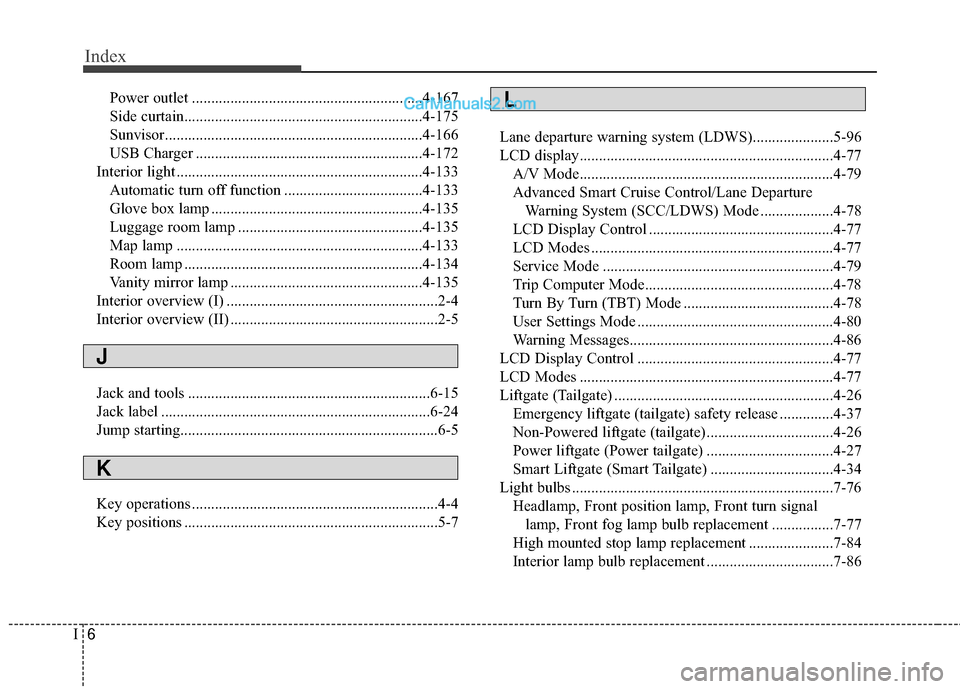 Hyundai Santa Fe 2017 Owners Manual Index
6I
Power outlet ............................................................4-167
Side curtain..............................................................4-175
Sunvisor........................ Hyundai Santa Fe 2017 Owners Manual Index
6I
Power outlet ............................................................4-167
Side curtain..............................................................4-175
Sunvisor........................