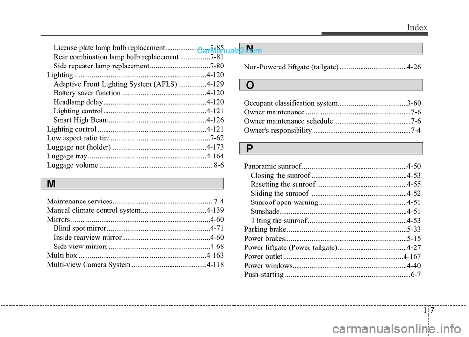 Hyundai Santa Fe 2017  Owners Manual I7
Index
License plate lamp bulb replacement........................7-85
Rear combination lamp bulb replacement ................7-81
Side repeater lamp replacement ................................7-80