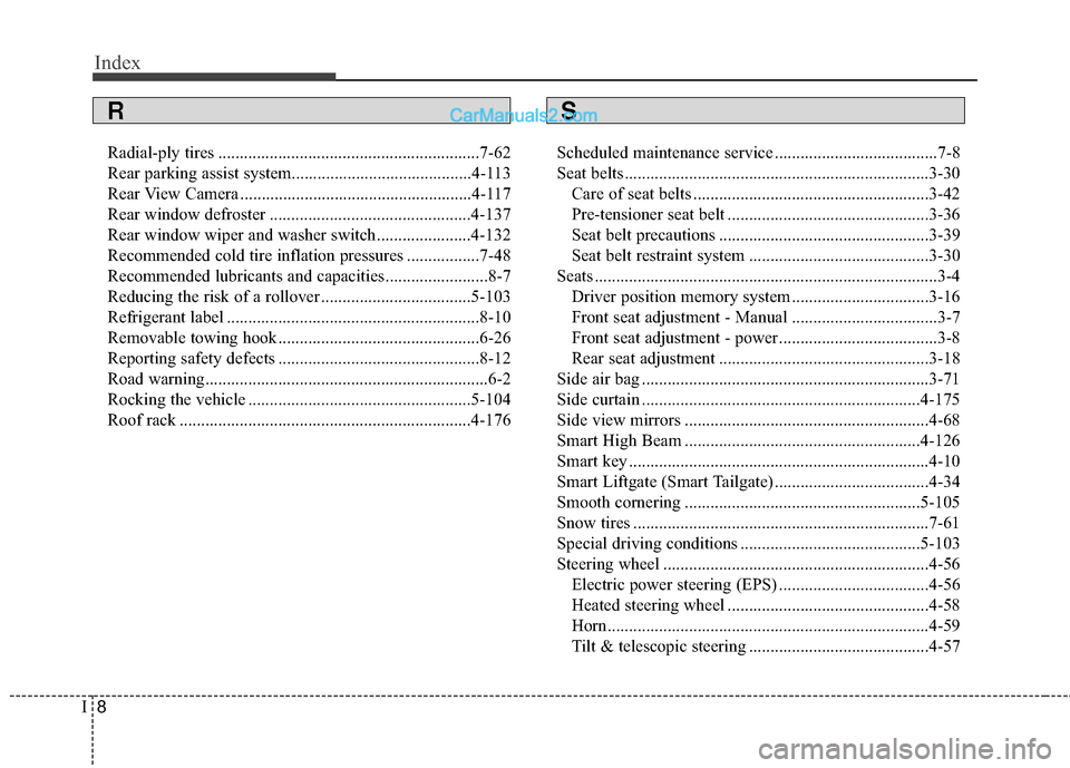 Hyundai Santa Fe 2017  Owners Manual Index
8I
Radial-ply tires .............................................................7-62
Rear parking assist system..........................................4-113
Rear View Camera .................