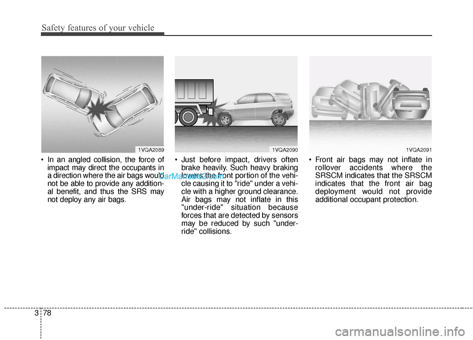 Hyundai Santa Fe 2017 Owners Manual Safety features of your vehicle
78
3
In an angled collision, the force of
impact may direct the occupants in
a direction where the air bags would
not be able to provide any addition-
al benefit, and Hyundai Santa Fe 2017 Owners Manual Safety features of your vehicle
78
3
In an angled collision, the force of
impact may direct the occupants in
a direction where the air bags would
not be able to provide any addition-
al benefit, and