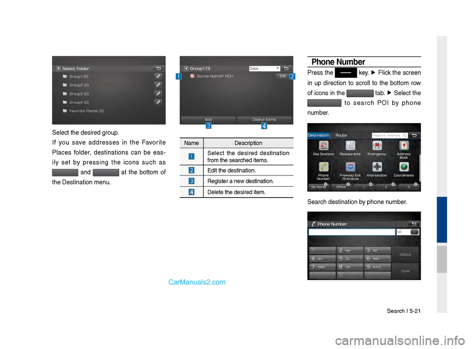 Hyundai Santa Fe 2017  Car Multimedia System Search I \b-21
Select the desired \v\froup.
If  you  save  addresses  in  the  Favorite 
Places  folder,  destinations  can  be  eas-
ily  set  by  pressin\f  the  icons  such  as 
  and   at  the  bo