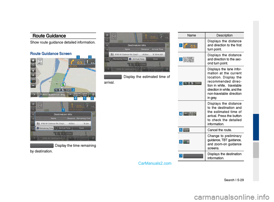Hyundai Santa Fe 2017  Car Multimedia System Search I \b-29
Route Guidance
Show route \fuidance de\vtailed information. 
Route Guidance Scree\Vn
: Display the time remaini\vn\f 
by destination.
:  Display  the  estimated  time  of 
arrival.
Name