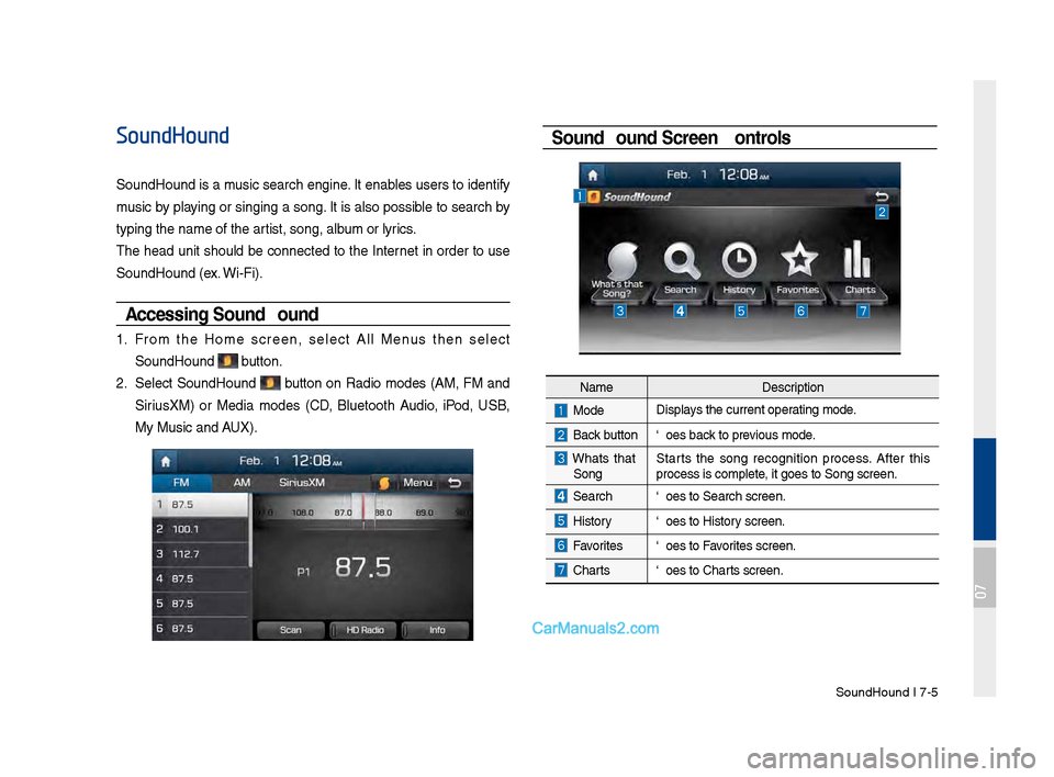 Hyundai Santa Fe 2017 Car Multimedia System SoundHound I \b-5
SoundHound
SoundHound is a music search engine. It enables users to identify
music by playing or singing a song. It is also possible to search by
typing the name of\s the artist, s Hyundai Santa Fe 2017 Car Multimedia System SoundHound I \b-5
SoundHound
SoundHound is a music search engine. It enables users to identify
music by playing or singing a song. It is also possible to search by
typing the name of\s the artist, s