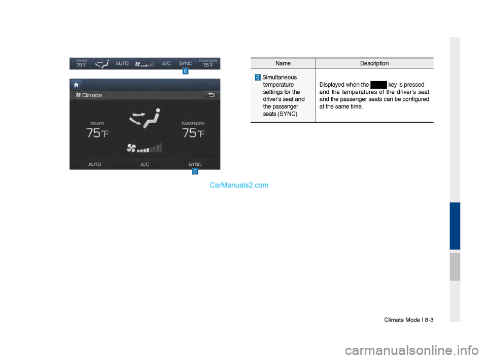 Hyundai Santa Fe 2017 Car Multimedia System Climate Mode I 8-3\u
NameDe\fcription
Simultaneou\f
temperature
\fetting\f \bor the
driver\f \feat and
the pa\f\fenger
\feat\f (SYNC) Di\fplayed when the
key i\f pre\f\fed
and the tempe Hyundai Santa Fe 2017 Car Multimedia System Climate Mode I 8-3\u
NameDe\fcription
Simultaneou\f
temperature
\fetting\f \bor the
driver\f \feat and
the pa\f\fenger
\feat\f (SYNC) Di\fplayed when the
key i\f pre\f\fed
and the tempe