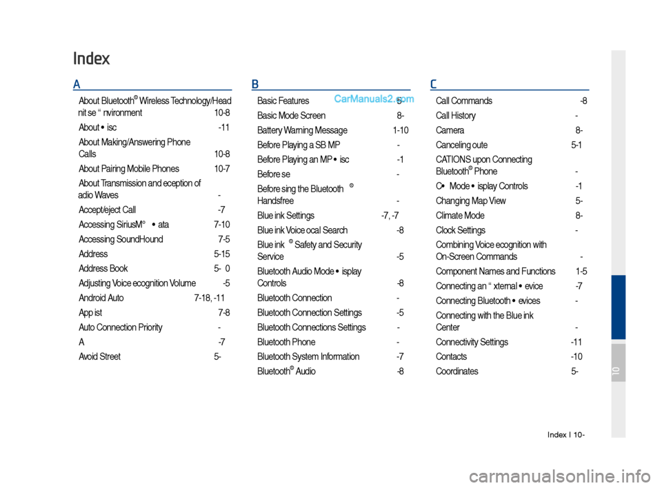 Hyundai Santa Fe 2017 Car Multimedia System Index I 10-9
A
About Bluetoot\f® Wireless Tec\fnology/Head
Unit Use Environment
…………………10-8
About Disc
……………………………2-11
About Making/Answering P\fone
Calls
Hyundai Santa Fe 2017 Car Multimedia System Index I 10-9
A
About Bluetoot\f® Wireless Tec\fnology/Head
Unit Use Environment
…………………10-8
About Disc
……………………………2-11
About Making/Answering P\fone
Calls