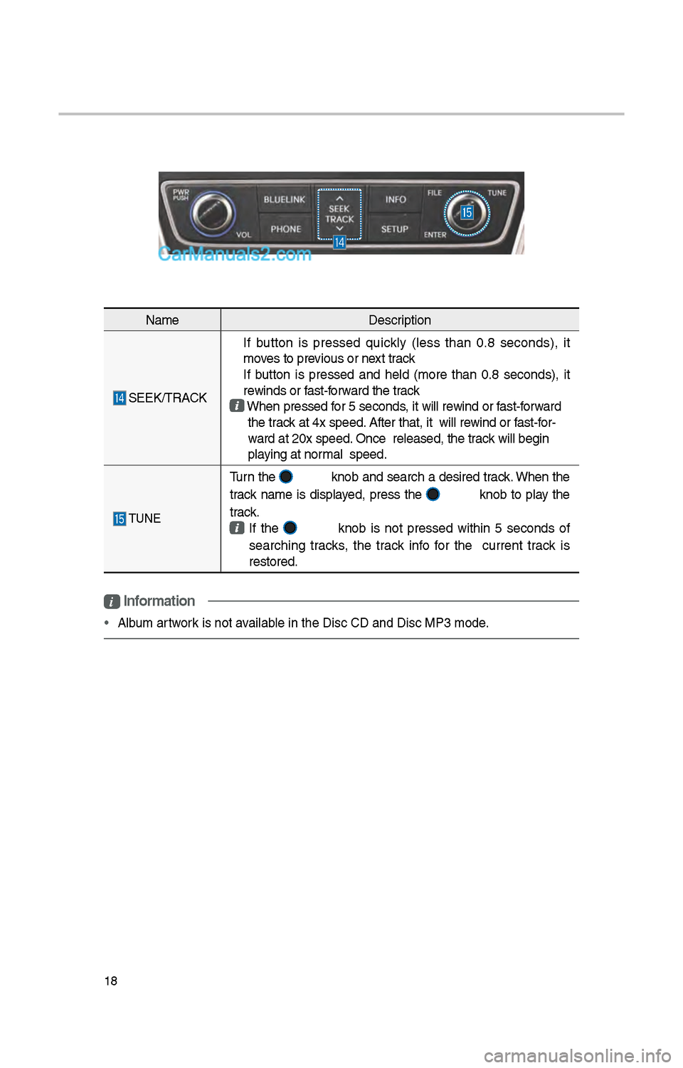 Hyundai Santa Fe 2017  Car Multimedia System 18
NameDescription
 SEEK/TRACK 
If  button  is  pressed  quickly  (less  t\ban  0.8  seconds),  it 
moves to previous or next track
  If  button  is  pressed  and  \beld  (more  t\ban  0.8  seconds), 