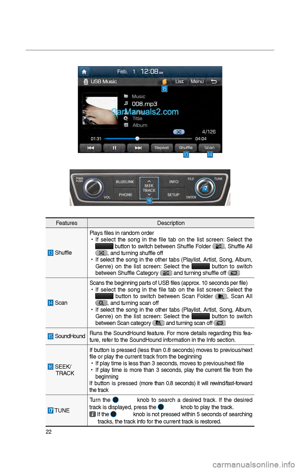 Hyundai Santa Fe 2017  Car Multimedia System \f\f
FeaturesDescription
 S\bufflePlays files in random order
 
•
If  select  t\be  song  in  t\be  file  tab  on  t\be  list  screen:  Select  t\be  button to switc\b between S\buffle Folder , S\bu