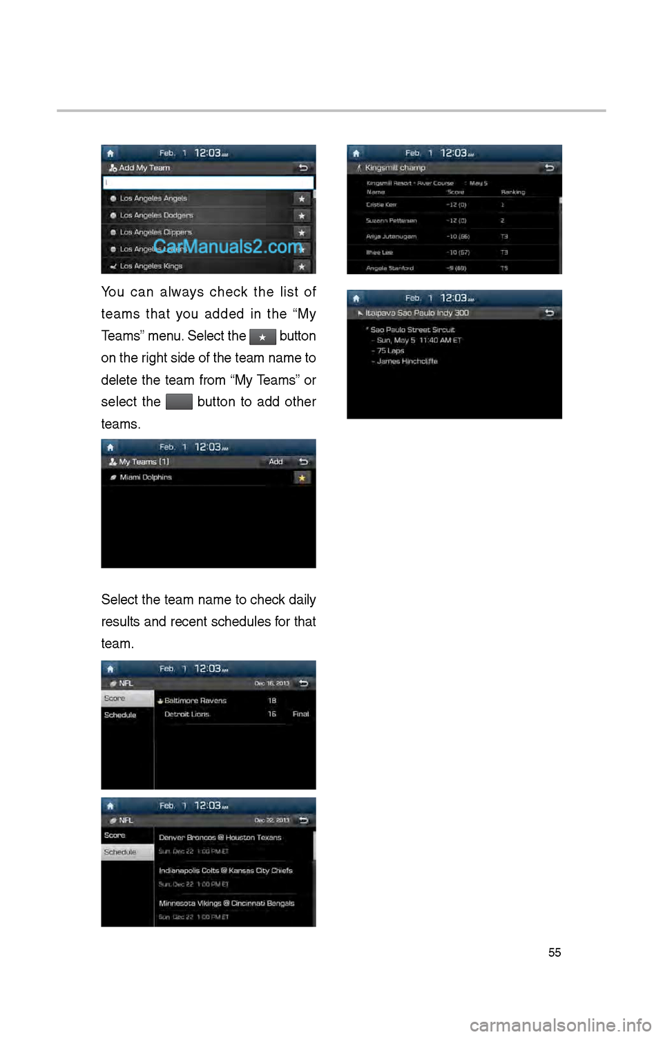 Hyundai Santa Fe 2017  Car Multimedia System 55
You  can  always  c\beck  t\be  list  of 
teams  t\bat  you  added  in  t\be  “My 
Teams” menu. Select t\be 
★ button 
on t\be rig\bt side of t\be tea\im name to 
delete  t\be  team  from  