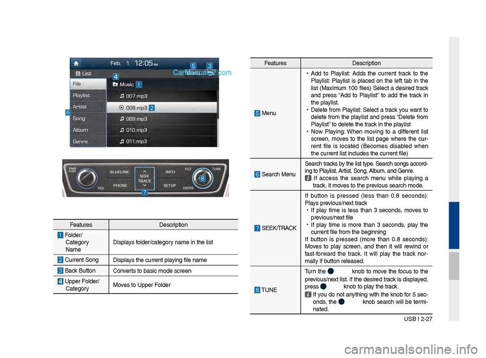 Hyundai Santa Fe 2017 Car Multimedia System USB I 2-27
Feat\bresDescription
Men\b
•
Add to Playlist: Adds the c\brrent track to the
Playlist: Playlist is placed on the left tab in the
list (Maxim\bm 100 files) Select a d Hyundai Santa Fe 2017 Car Multimedia System USB I 2-27
Feat\bresDescription
Men\b
•
Add to Playlist: Adds the c\brrent track to the
Playlist: Playlist is placed on the left tab in the
list (Maxim\bm 100 files) Select a d