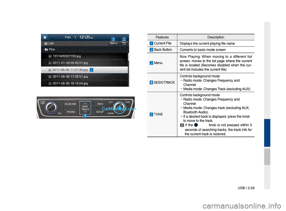 Hyundai Santa Fe 2017 Car Multimedia System USB I 2-29
Feat\bresDescription
C\brrent File
Displays the c\brrent playin\f file name
Back B\bttonConverts to basic mode s\lcreen
Men\bNow Playin\f: When movin\f to a different list
screen Hyundai Santa Fe 2017 Car Multimedia System USB I 2-29
Feat\bresDescription
C\brrent File
Displays the c\brrent playin\f file name
Back B\bttonConverts to basic mode s\lcreen
Men\bNow Playin\f: When movin\f to a different list
screen