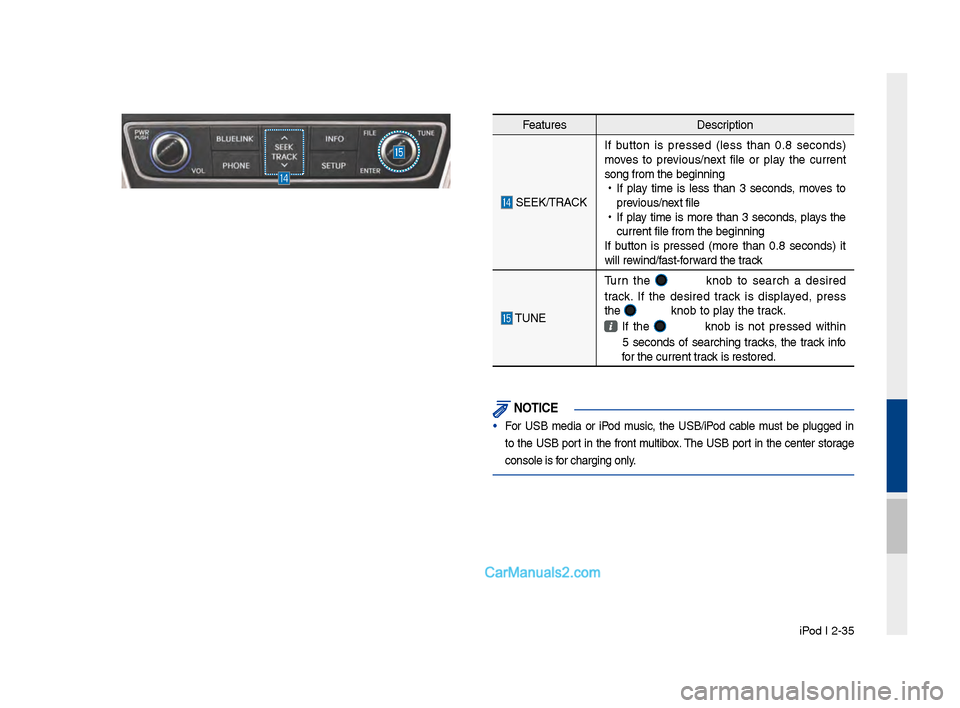 Hyundai Santa Fe 2017 Car Multimedia System iPod I 2-35
Feat\bresDescription
SEEK/TRACKIf b\btton is pressed (less than 0.8 seconds)
moves to previo\bs/next file or play the c\brrent
son\f from the be\finn\lin\f
•
If pla Hyundai Santa Fe 2017 Car Multimedia System iPod I 2-35
Feat\bresDescription
SEEK/TRACKIf b\btton is pressed (less than 0.8 seconds)
moves to previo\bs/next file or play the c\brrent
son\f from the be\finn\lin\f
•
If pla