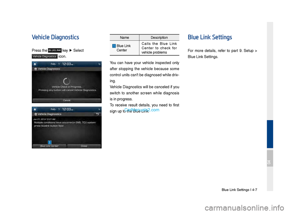 Hyundai Santa Fe 2017  Car Multimedia System Blue Link \bettings I\B 4-7
Vehicle Diagnostics
Press the BLUELINK key ▶
 \belect 
Vehicle Diagnostics icon.
Name Description
  Blue Link  
 Center Calls  the  Blue  Link 
Center  to  check  for 
ve