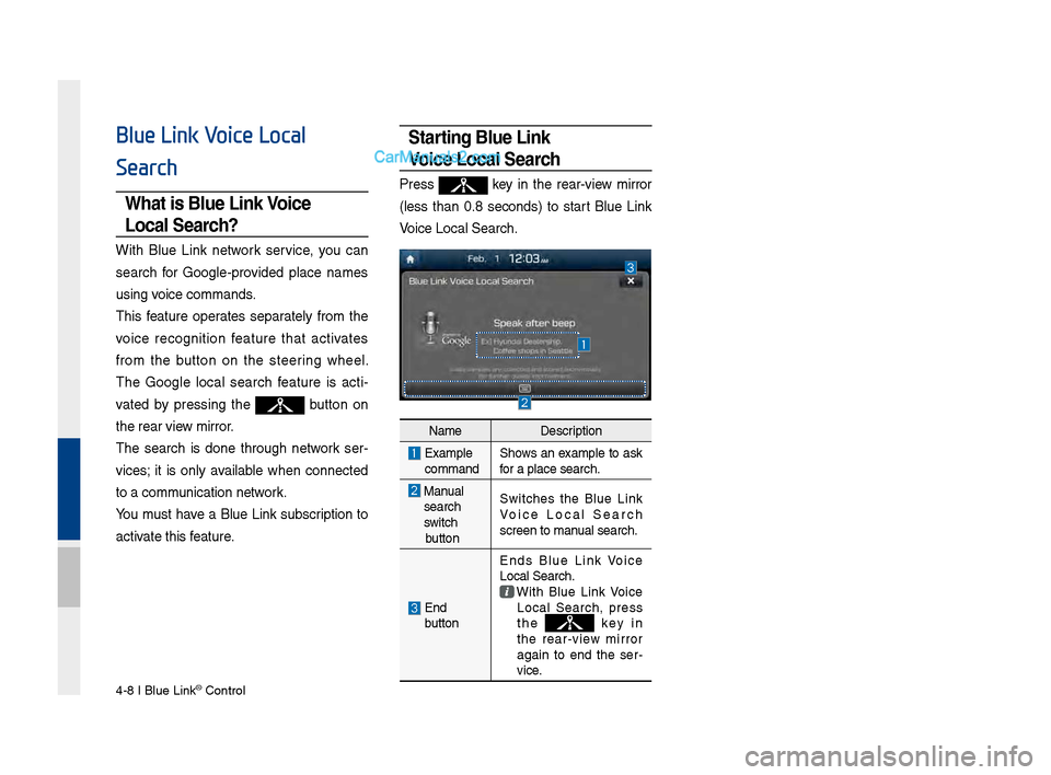 Hyundai Santa Fe 2017  Car Multimedia System 4-8 I Blue Link® Control
Blue Link Voice Local
Search
What is Blue \bink Voice 
\bocal Search?
With  Blue  Link  network  service,  you  can 
search  for  Google-provided  place  names 
using voice c