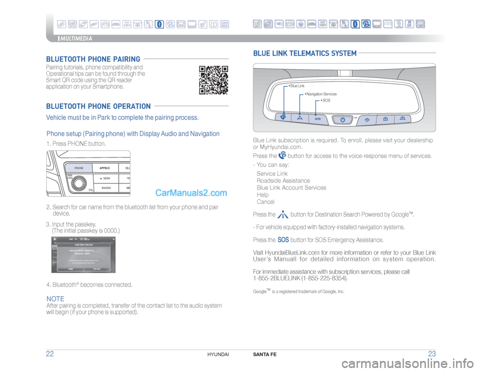 Hyundai Santa Fe 2017  Quick Reference Guide MULTIMEDIA
SANTA FE
23 22
HYUNDAI 
BLUETOOTH  PHONE  OPERATIONVehicle must be in Park to complete the pairing process.Pairing tutorials, phone compatibility and 
Operational tips can be found through 