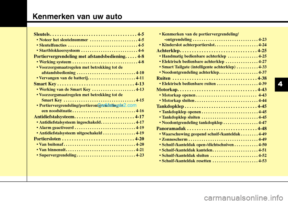 Hyundai Santa Fe 2017 Handleiding (in Dutch) Kenmerken van uw auto
Sleutels . . . . . . . . . . . . . . . . . . . . . . . . . . . . . . . . . . . . 4-5• Noteer het sleutelnummer . . . . . . . . . . . . . . . . . . . . . . 4-5
• Sleutelfunct Hyundai Santa Fe 2017 Handleiding (in Dutch) Kenmerken van uw auto
Sleutels . . . . . . . . . . . . . . . . . . . . . . . . . . . . . . . . . . . . 4-5• Noteer het sleutelnummer . . . . . . . . . . . . . . . . . . . . . . 4-5
• Sleutelfunct