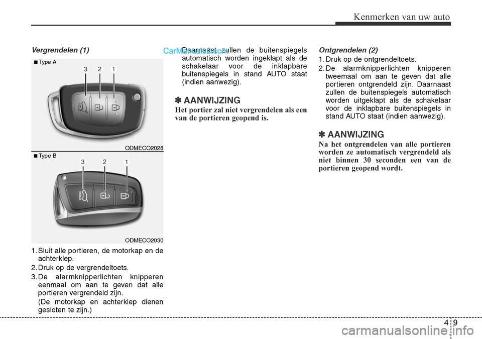 Hyundai Santa Fe 2017 Handleiding (in Dutch) 49
Kenmerken van uw auto
Vergrendelen (1)
1. Sluit alle portieren, de motorkap en deachterklep.
2. Druk op de vergrendeltoets.
3. De alarmknipperlichten knipperen eenmaal om aan te geven dat alle
po Hyundai Santa Fe 2017 Handleiding (in Dutch) 49
Kenmerken van uw auto
Vergrendelen (1)
1. Sluit alle portieren, de motorkap en deachterklep.
2. Druk op de vergrendeltoets.
3. De alarmknipperlichten knipperen eenmaal om aan te geven dat alle
po