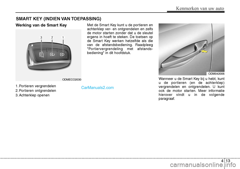 Hyundai Santa Fe 2017  Handleiding (in Dutch) 413
Kenmerken van uw auto
Werking van de Smart Key 
1. Portieren vergrendelen 
2. Portieren ontgrendelen
3. Achterklep openenMet de Smart Key kunt u de portieren en 
achterklep ver- en ontgrendelen en