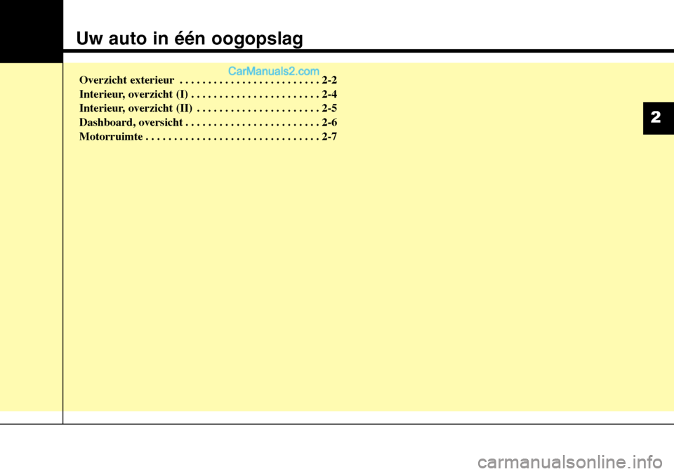 Hyundai Santa Fe 2017 Handleiding (in Dutch) Uw auto in één oogopslag
Overzicht exterieur . . . . . . . . . . . . . . . . . . . . . . . . . 2-2
Interieur, overzicht (I) . . . . . . . . . . . . . . . . . . . . . . . 2-4
Interieur, overzicht (I Hyundai Santa Fe 2017 Handleiding (in Dutch) Uw auto in één oogopslag
Overzicht exterieur . . . . . . . . . . . . . . . . . . . . . . . . . 2-2
Interieur, overzicht (I) . . . . . . . . . . . . . . . . . . . . . . . 2-4
Interieur, overzicht (I