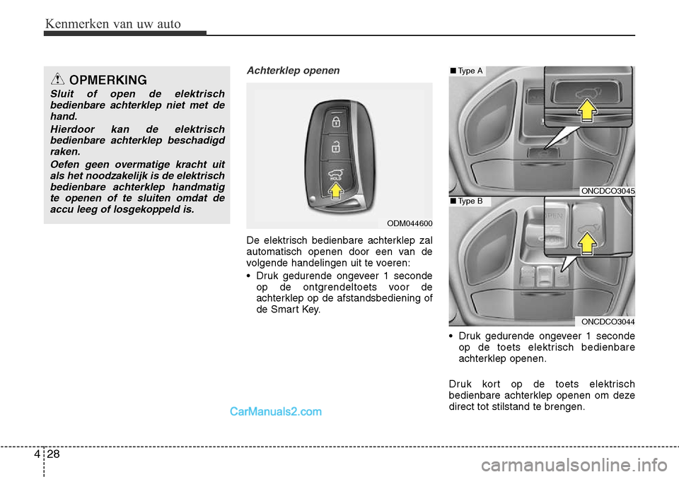 Hyundai Santa Fe 2017  Handleiding (in Dutch) Kenmerken van uw auto
28
4
Achterklep openen
De elektrisch bedienbare achterklep zal 
automatisch openen door een van de
volgende handelingen uit te voeren: 
• Druk gedurende ongeveer 1 seconde
op d