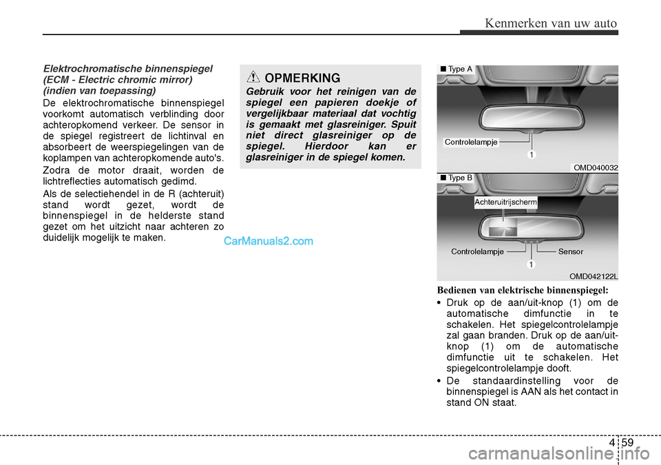 Hyundai Santa Fe 2017 Handleiding (in Dutch) 459
Kenmerken van uw auto
Elektrochromatische binnenspiegel(ECM - Electric chromic mirror)(indien van toepassing)
De elektrochromatische binnenspiegel
voorkomt automatisch verblinding door
achteropko Hyundai Santa Fe 2017 Handleiding (in Dutch) 459
Kenmerken van uw auto
Elektrochromatische binnenspiegel(ECM - Electric chromic mirror)(indien van toepassing)
De elektrochromatische binnenspiegel
voorkomt automatisch verblinding door
achteropko