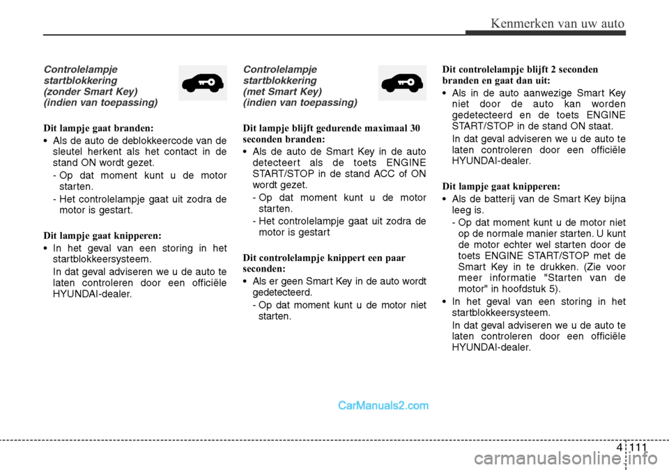Hyundai Santa Fe 2017 Handleiding (in Dutch) 4 111
Kenmerken van uw auto
Controlelampjestartblokkering (zonder Smart Key)
(indien van toepassing)
Dit lampje gaat branden:
• Als de auto de deblokkeercode van de sleutel herkent als het contact Hyundai Santa Fe 2017 Handleiding (in Dutch) 4 111
Kenmerken van uw auto
Controlelampjestartblokkering (zonder Smart Key)
(indien van toepassing)
Dit lampje gaat branden:
• Als de auto de deblokkeercode van de sleutel herkent als het contact
