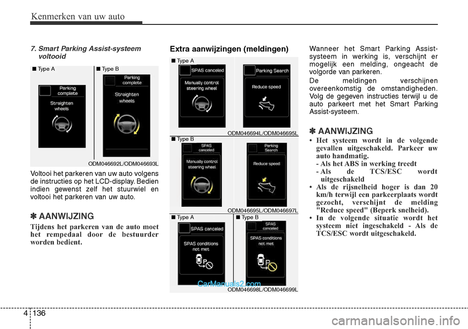 Hyundai Santa Fe 2017  Handleiding (in Dutch) Kenmerken van uw auto
136
4
7. Smart Parking Assist-systeem
voltooid
Voltooi het parkeren van uw auto volgens 
de instructies op het LCD-display. Bedien
indien gewenst zelf het stuurwiel en
voltooi he
