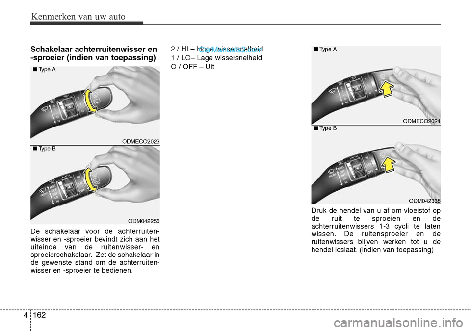 Hyundai Santa Fe 2017 Handleiding (in Dutch) Kenmerken van uw auto
162
4
Schakelaar achterruitenwisser en
-sproeier (indien van toepassing)
De schakelaar voor de achterruiten-
wisser en -sproeier bevindt zich aan het
uiteinde van de ruitenwis Hyundai Santa Fe 2017 Handleiding (in Dutch) Kenmerken van uw auto
162
4
Schakelaar achterruitenwisser en
-sproeier (indien van toepassing)
De schakelaar voor de achterruiten-
wisser en -sproeier bevindt zich aan het
uiteinde van de ruitenwis