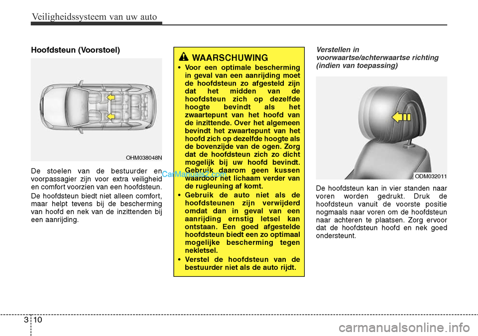 Hyundai Santa Fe 2017  Handleiding (in Dutch) Veiligheidssysteem van uw auto
10
3
Hoofdsteun (Voorstoel) 
De stoelen van de bestuurder en 
voorpassagier zijn voor extra veiligheid
en comfort voorzien van een hoofdsteun. 
De hoofdsteun biedt niet 