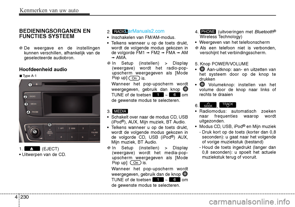 Hyundai Santa Fe 2017  Handleiding (in Dutch) Kenmerken van uw auto
230
4
BEDIENINGSORGANEN EN FUNCTIES SYSTEEM ❈  De weergave en de instellingen 
kunnen verschillen, afhankelijk van degeselecteerde audiobron.
Hoofdeenheid audio 
1. (EJECT) 
