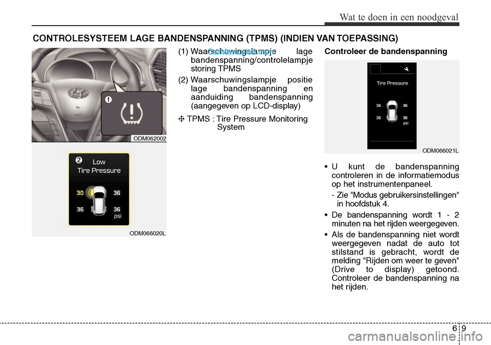 Hyundai Santa Fe 2017 Handleiding (in Dutch) 69
Wat te doen in een noodgeval
CONTROLESYSTEEM LAGE BANDENSPANNING (TPMS) (INDIEN VAN TOEPASSING) (1) Waarschuwingslampje lage
bandenspanning/controlelampje
storing TPMS
(2) W aarschuwingslampje pos Hyundai Santa Fe 2017 Handleiding (in Dutch) 69
Wat te doen in een noodgeval
CONTROLESYSTEEM LAGE BANDENSPANNING (TPMS) (INDIEN VAN TOEPASSING) (1) Waarschuwingslampje lage
bandenspanning/controlelampje
storing TPMS
(2) W aarschuwingslampje pos