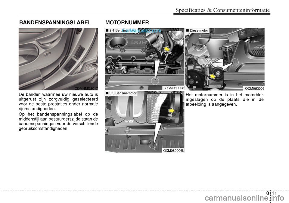 Hyundai Santa Fe 2017  Handleiding (in Dutch) 811
Specificaties & Consumenteninformatie
De banden waarmee uw nieuwe auto is 
uitgerust zijn zorgvuldig geselecteerd
voor de beste prestaties onder normale
rijomstandigheden. Op het bandenspanningsla